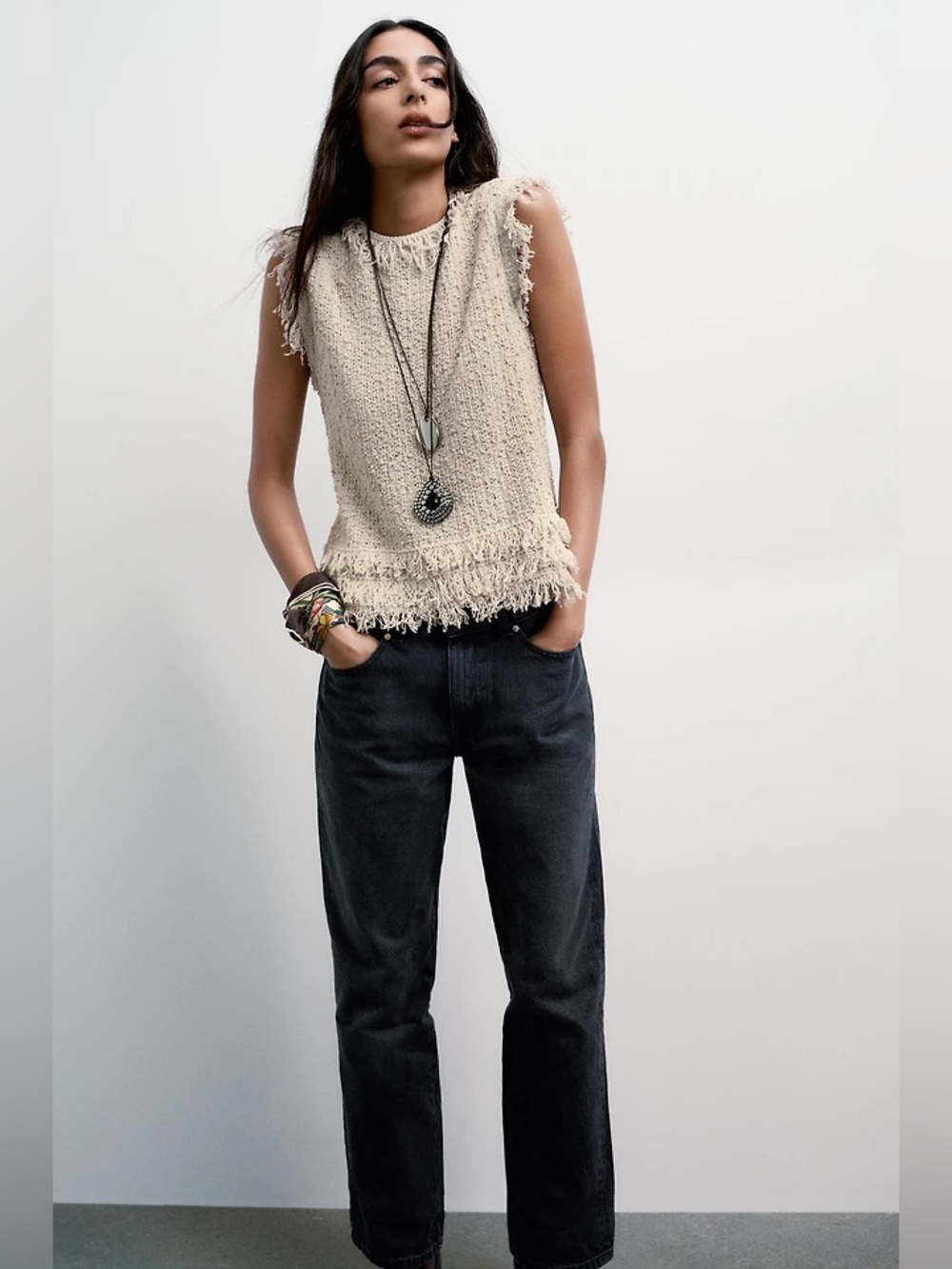 Zara Textured Knit Fringe Vest
